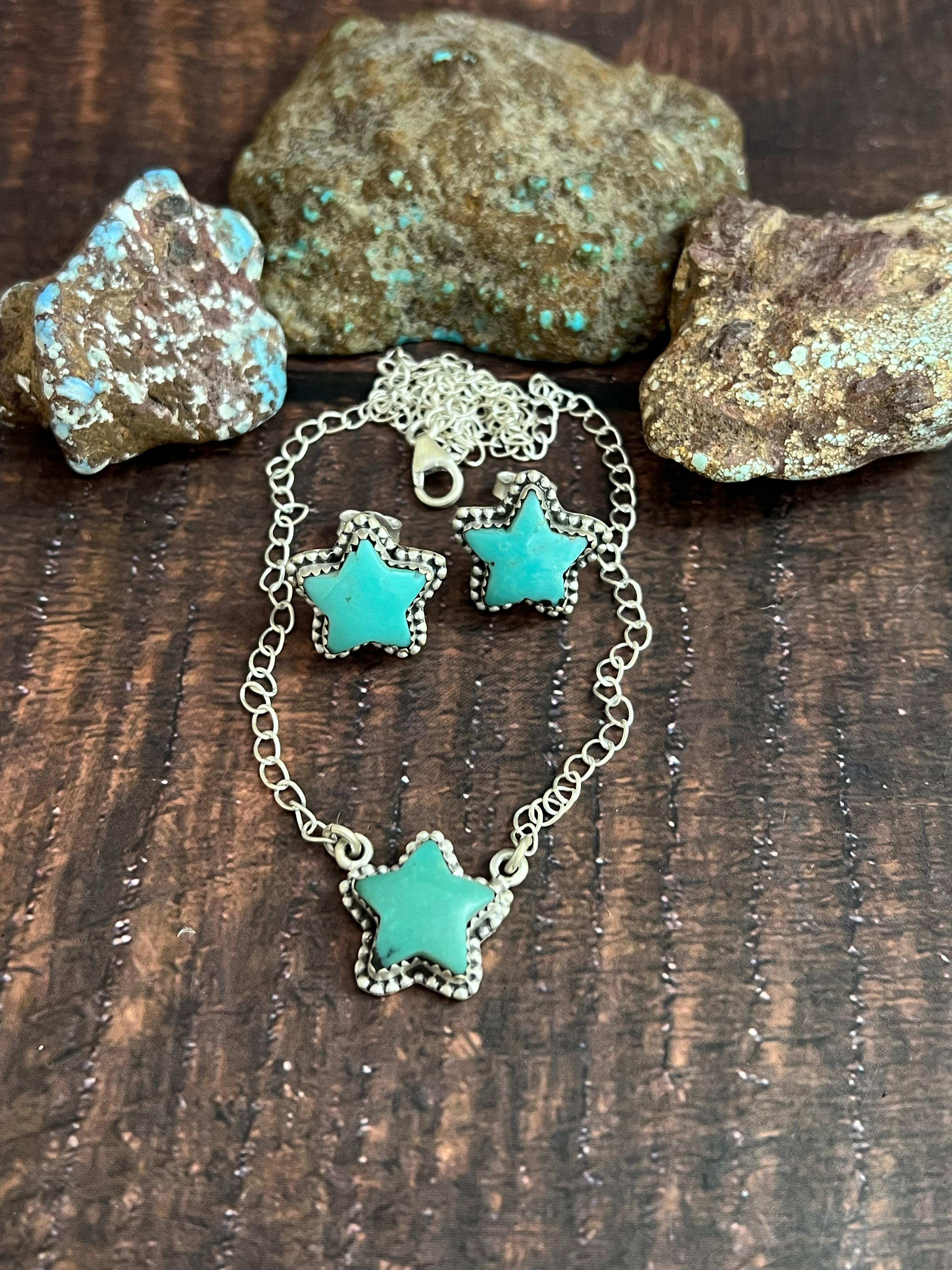 Handmade Sterling Silver Campitos Turquoise Star Necklace Earrings Set, Signed Nizhoni