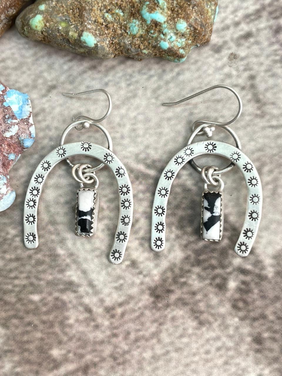 Handmade Sterling Silver White Buffalo Horseshoe Wire Dangle Earrings with Signed Nizhoni
