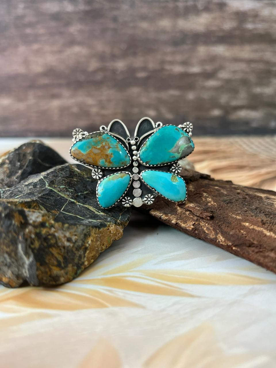 Handmade Sterling Silver Royston Ribbon Turquoise Butterfly Adjustable Ring "Signed Nizhoni"