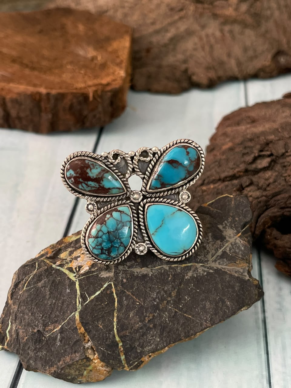 Handmade Sterling Silver Egyptian Turquoise Collection: Adjustable Butterfly Ring Signed Nizhoni