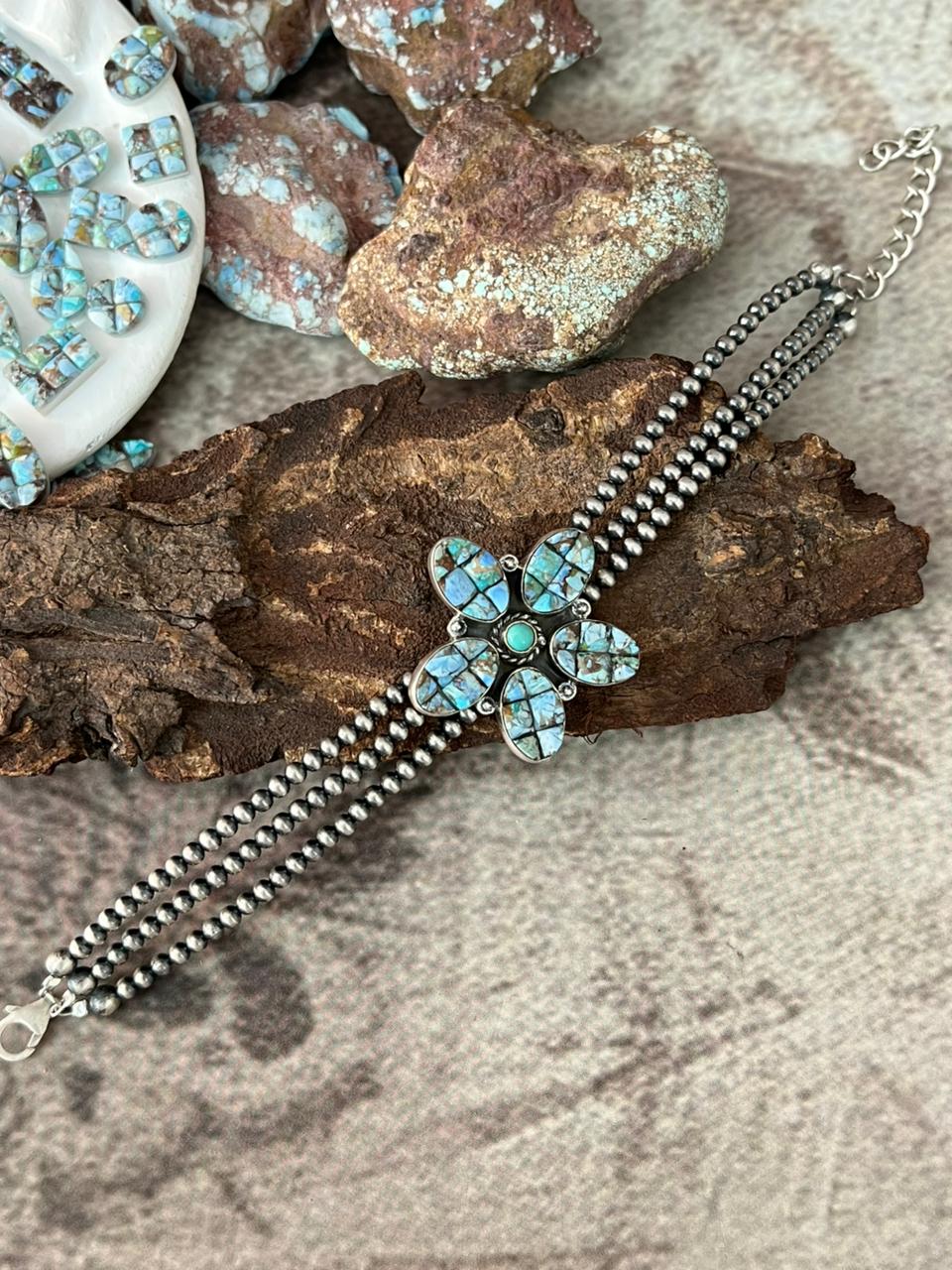 Handmade Sterling Silver Golden Hills Turquoise Cobble Collection Beaded Bracelet "Signed Nizhoni"