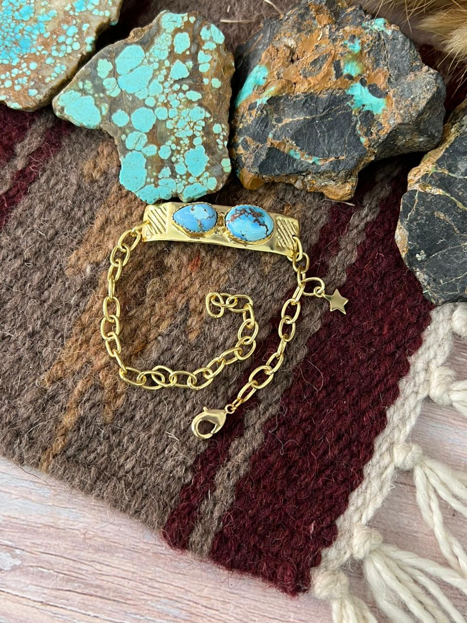 “The Golden Collection” Handmade Natural Gold-Plated Golden Hills Turquoise Bracelet