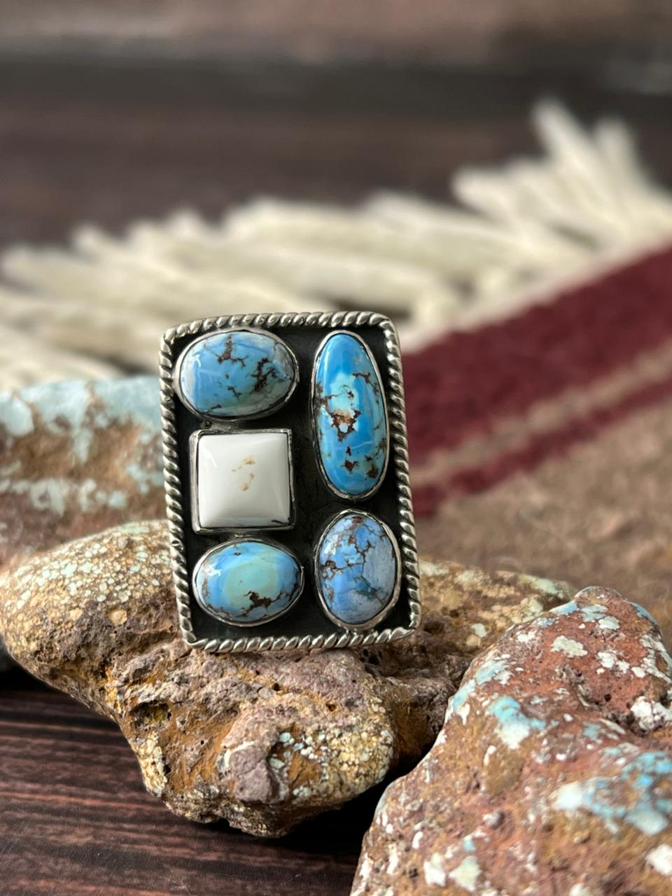 Handmade Sterling Silver Golden Hills with White Collection Adjustable Ring "Signed Nizhoni"