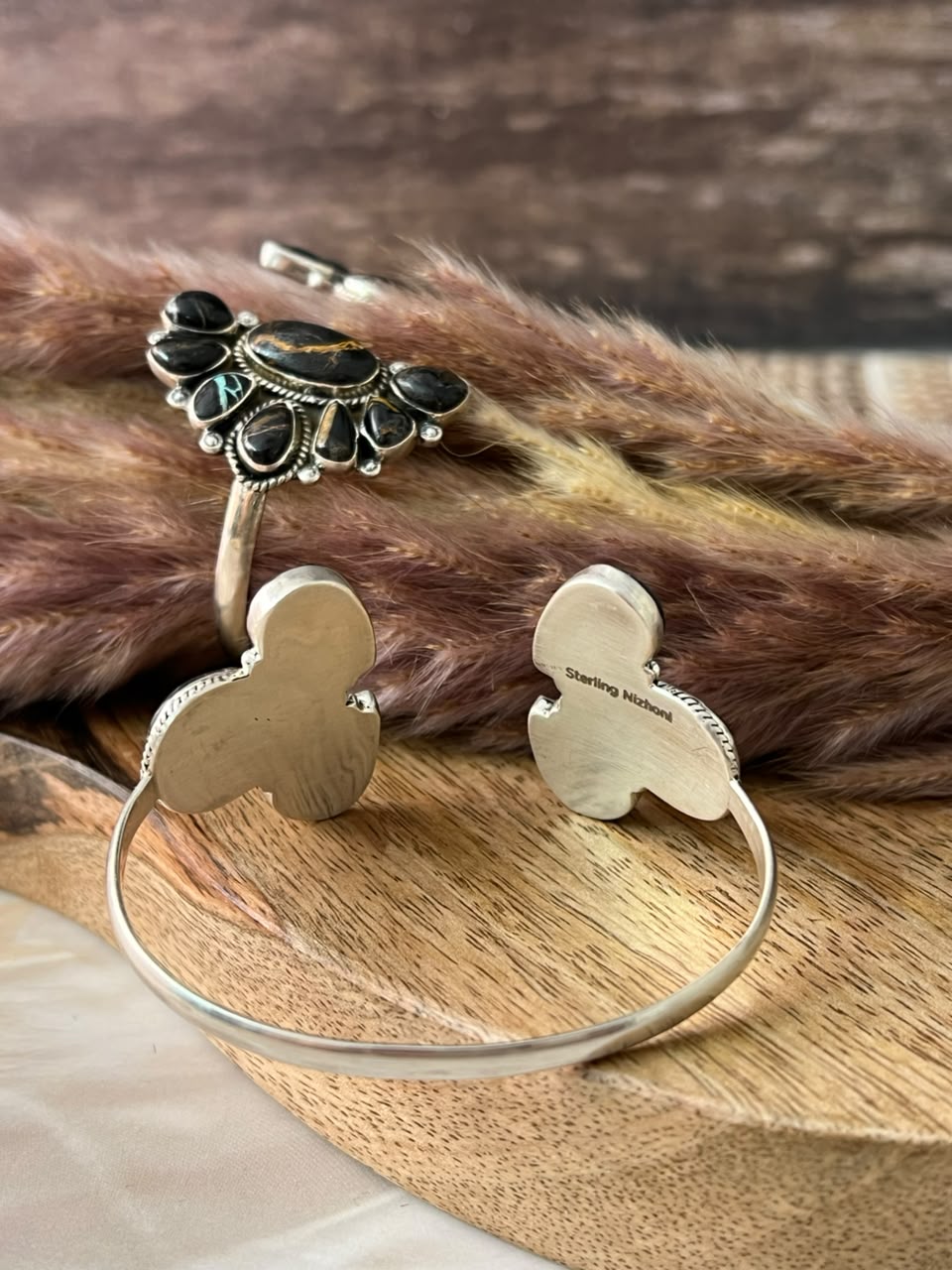 Handmade Sterling Silver Blackjack Turquoise Collection: Cuff Bracelet Signed Nizhoni