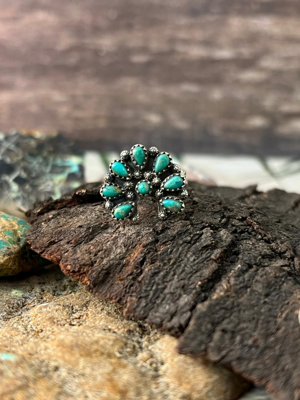 Handmade Sterling Silver Kingman Turquoise Adjustable Ring "Signed Nizhoni"