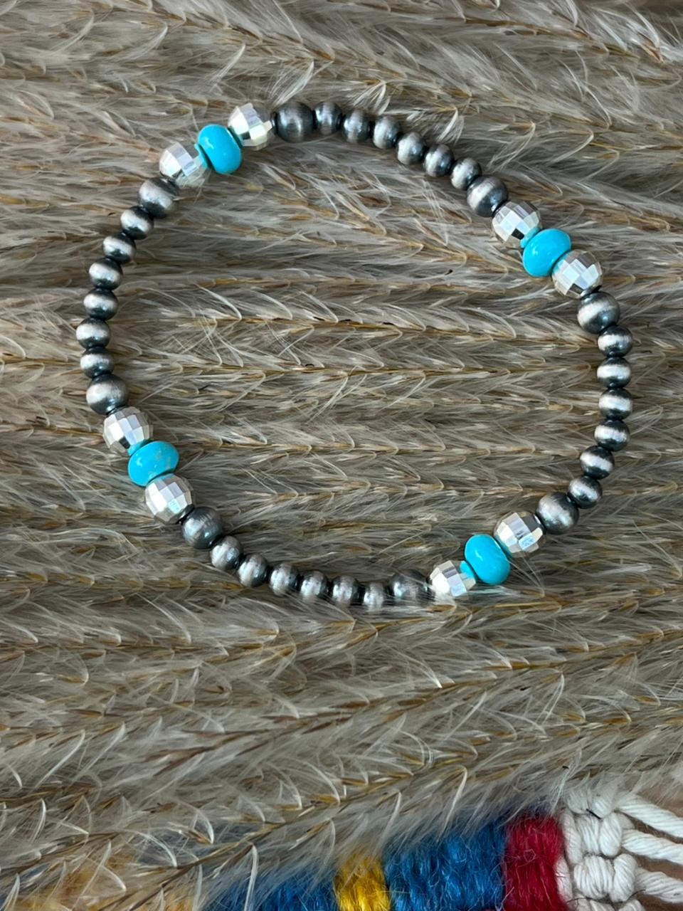 Handmade Sterling Silver Kingman Turquoise disco ball Stretch Bracelet