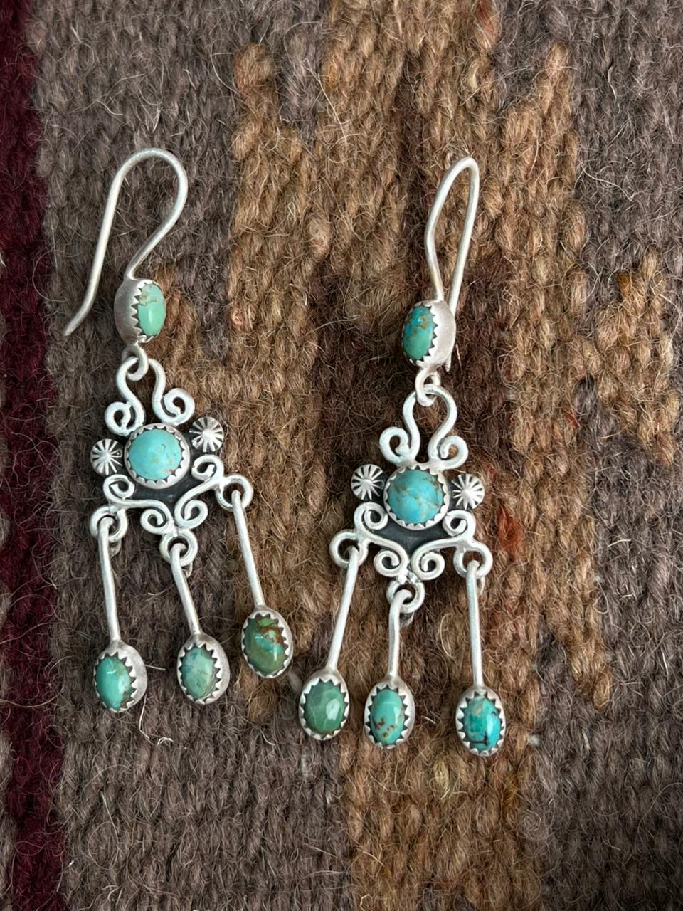 Handmade Sterling Silver Kingman Turquoise Hook Dangle Earrings "Signed Nizhoni"