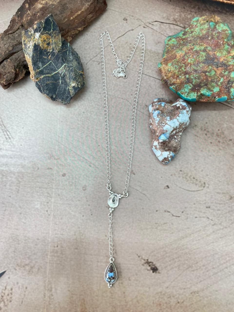 Handmade Sterling Silver Golden Hills Turquoise Drop Necklace "Signed Nizhoni"