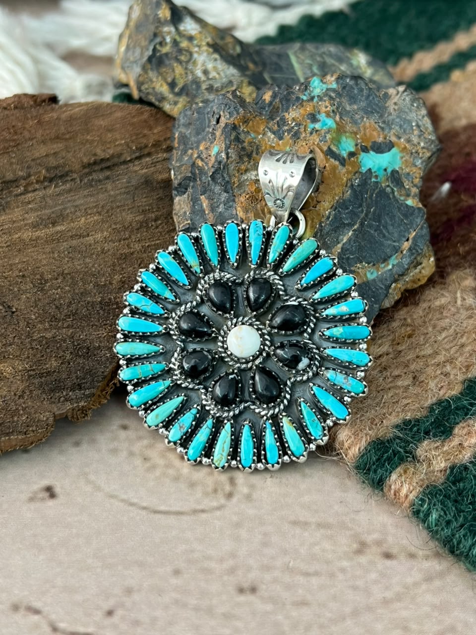 Handmade Sterling Silver Kingman Turquoise with White Buffalo Pendant Signed Nizhoni (4)