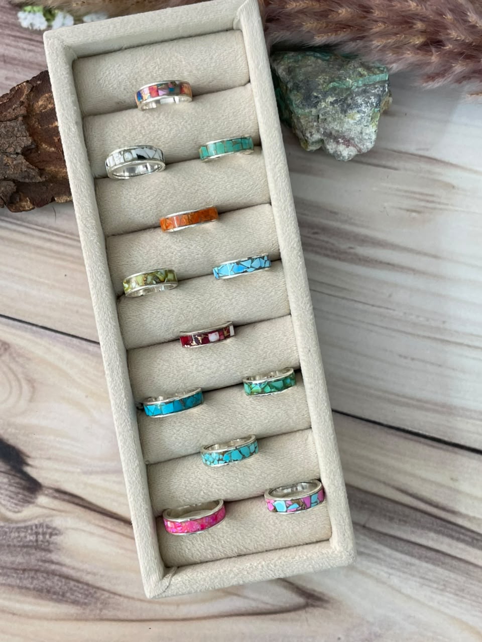 Handmade Sterling Silver Desert Mosaic Stacker Inlay Kingman, Cotton Candy, Dahlia Rose, White Buffalo, Orange Mojave, Pink Dahlia, Hot Pink, Palomino, Golden Hills, Sonoran Mountain, Number 8 and Blue Kingman Turquoise Signed Nizhoni
