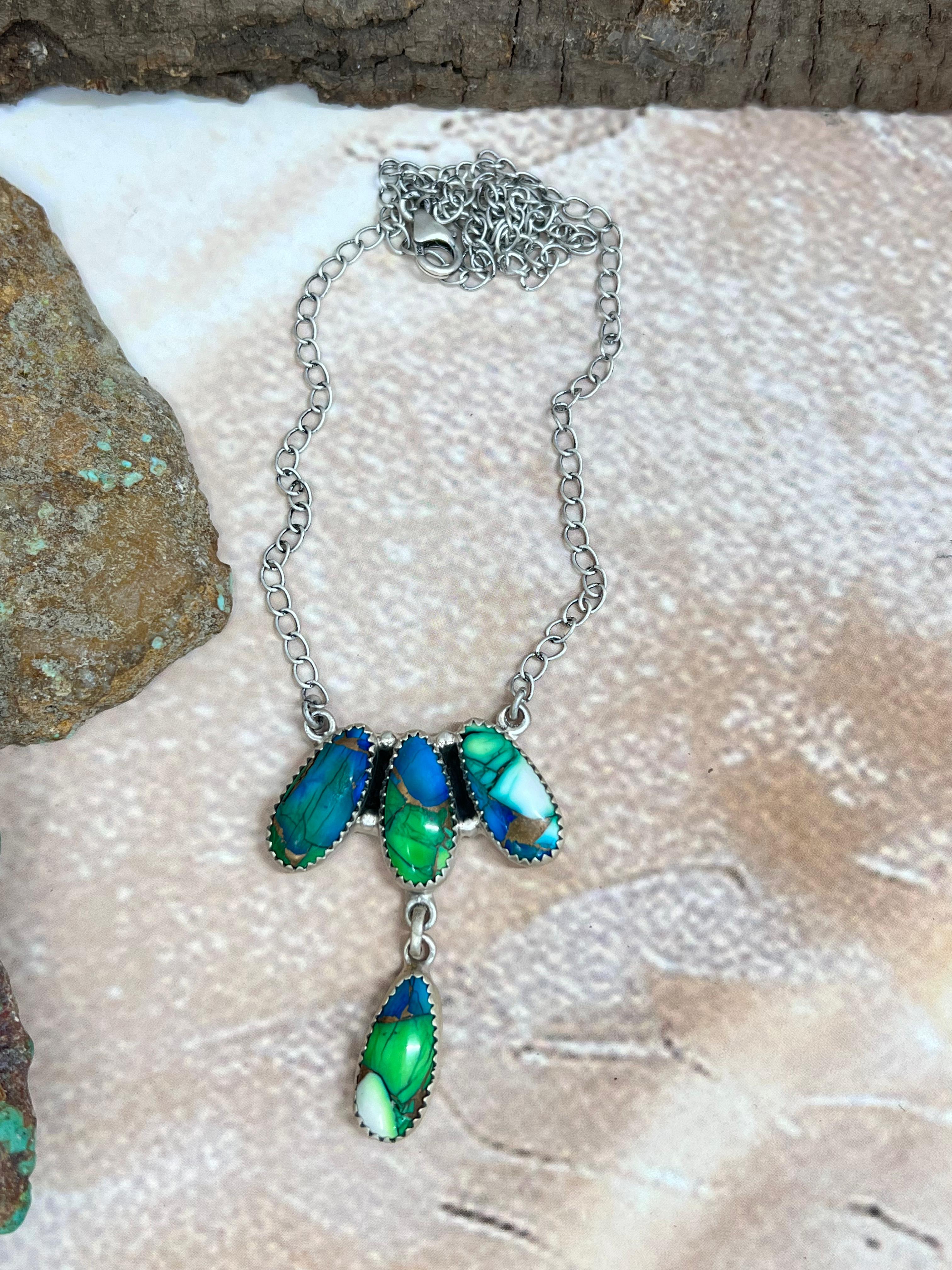 Handmade Sterling Silver Peacock Dahlia Necklace with Signed Nizhoni