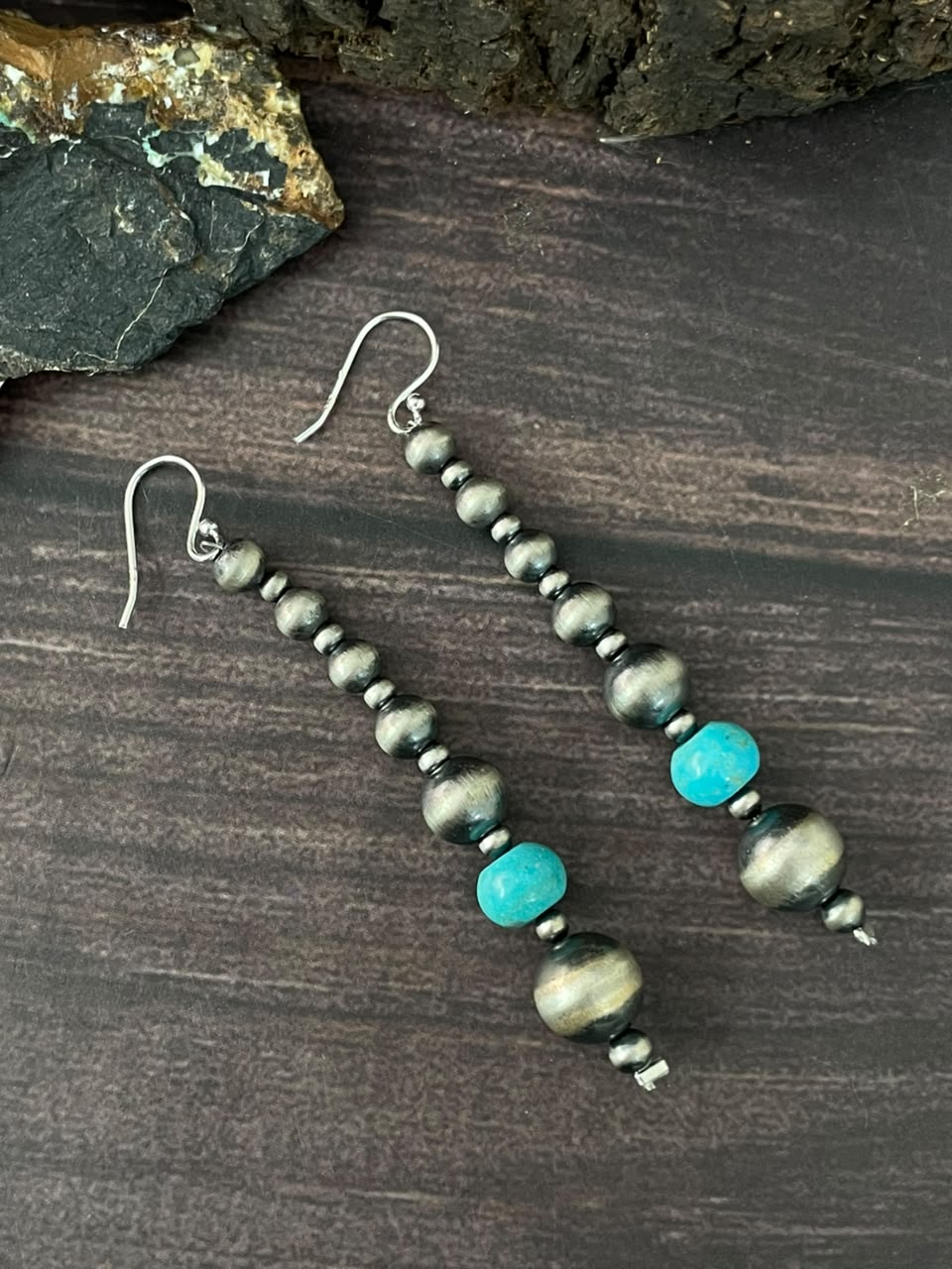 Handmade Sterling Silver Kingman Turquoise Hook Dangle Beaded Earrings