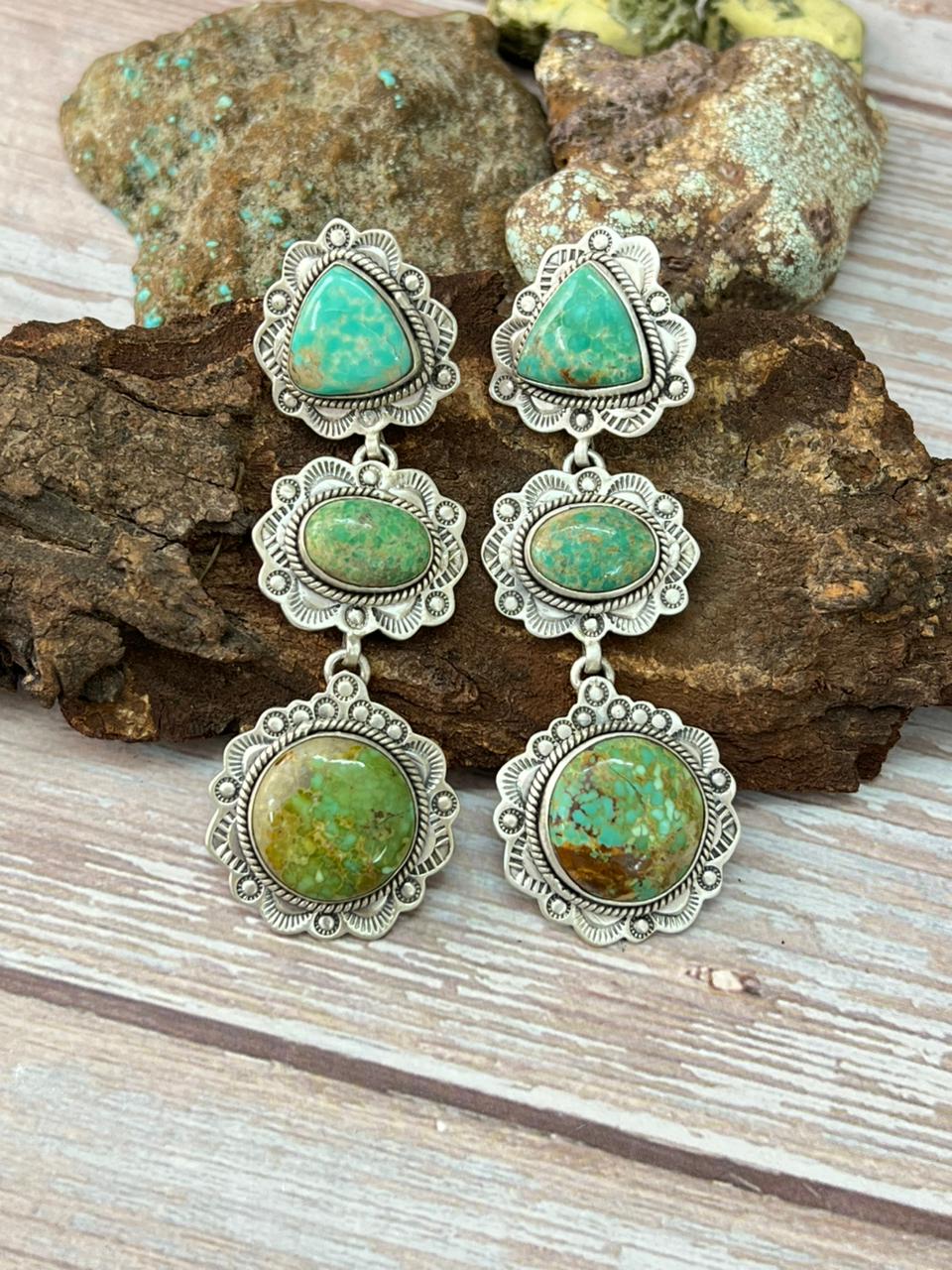 Handmade Sterling Silver Mantis Turquoise Post Dangle Earrings with Signed Nizhoni