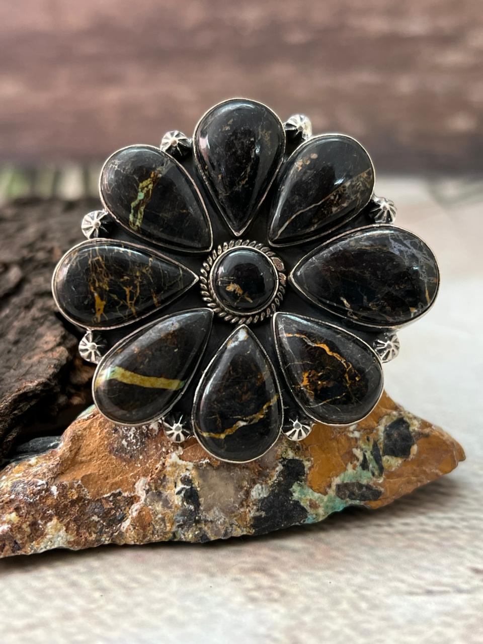 Handmade Sterling Silver Blackjack Turquoise Adjustable Ring " Signed Nizhoni"