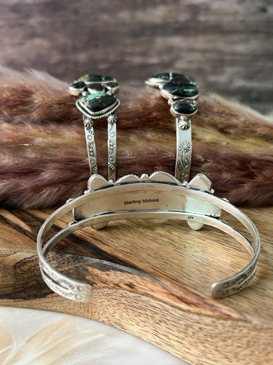 Handmade Sterling Silver Blackjack Turquoise Collection: Cuff Bracelet Signed Nizhoni