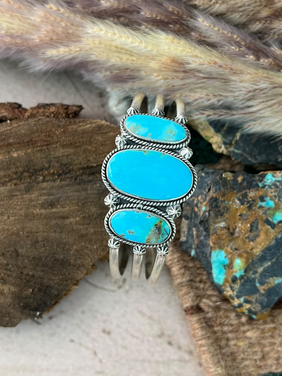 Handmade Sterling Silver Easter Blue Turquoise Cuff Bracelet Signed Nizhoni