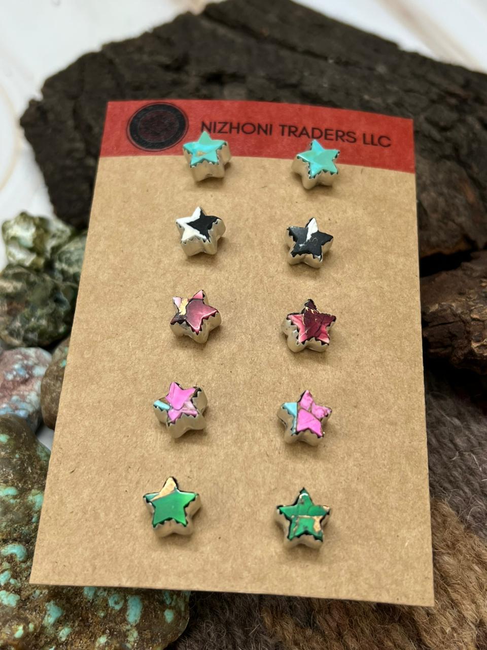 Handmade Sterling Silver Multi Stone Post STAR Studs (Cards) Earring Set