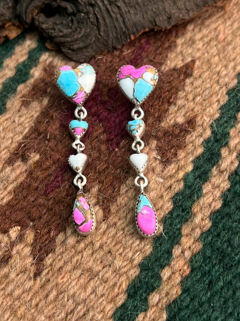 "Heart Collection" Handmade Sterling Silver Cotton Candy Post Dangle Earrings "Signed Nizhoni"