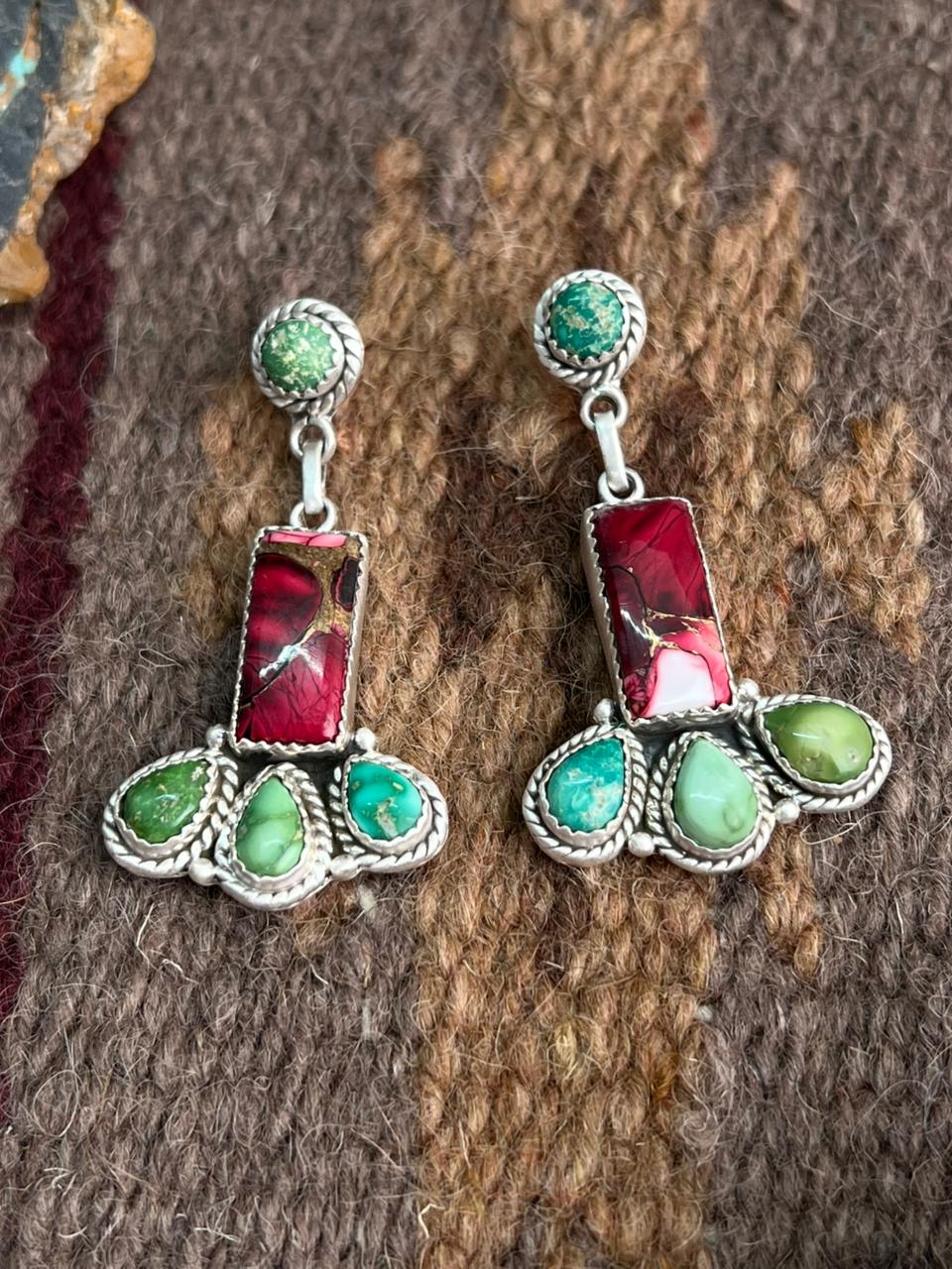 Handmade Sterling Silver Dahlia Rose with Emerald Valley Turquoise Post Earrings "Signed Nizhoni"