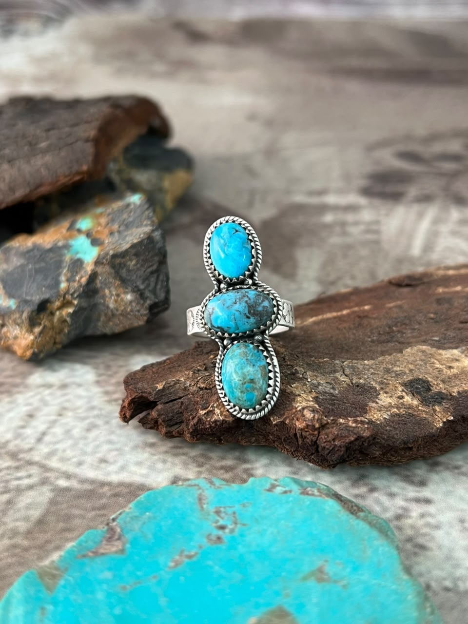 Handmade Sterling Silver Ithaca Peak Turquoise Adjustable Ring Signed Nizhoni