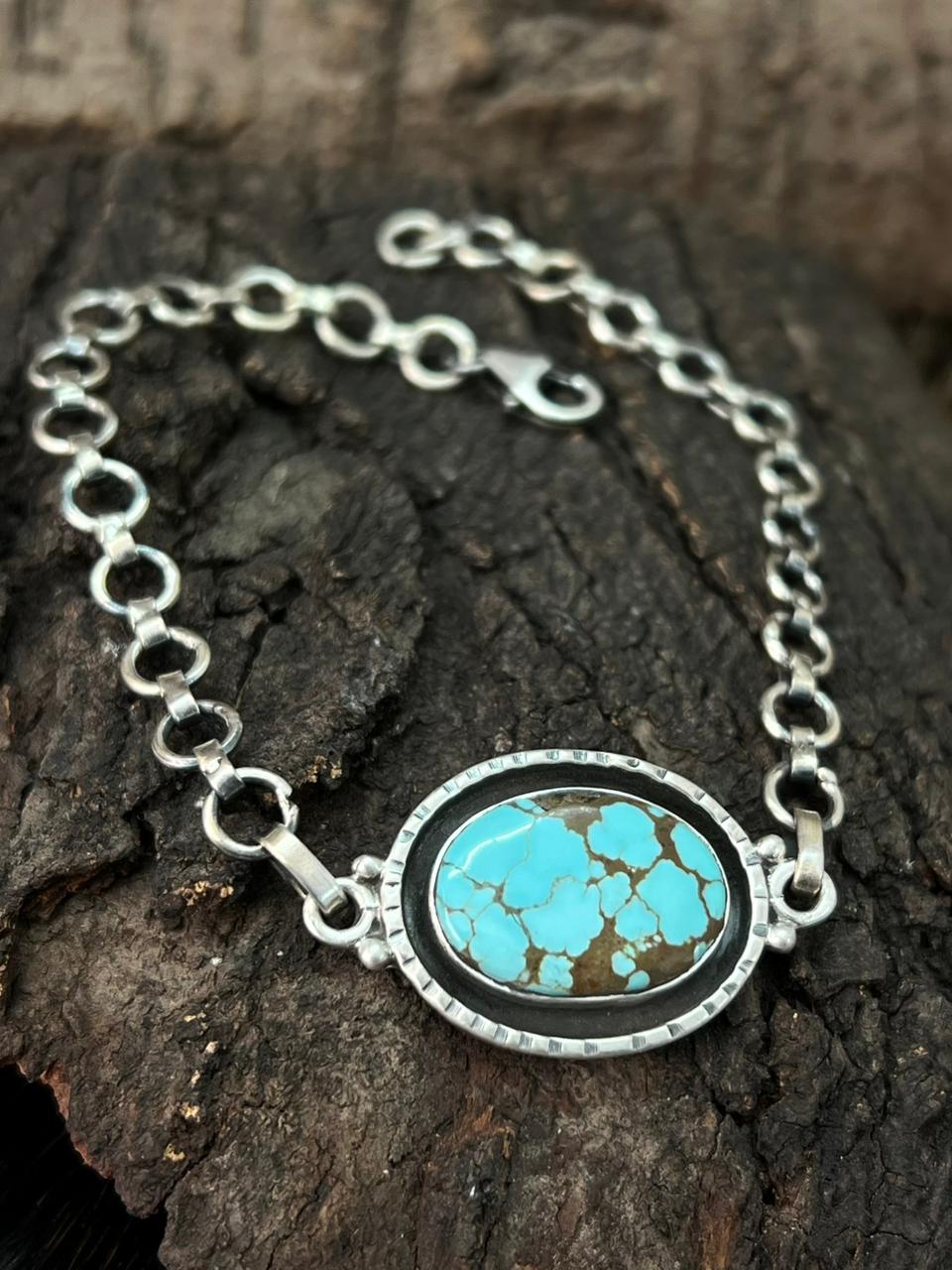 Handmade Sterling Silver Number 8 Turquoise Chain Bracelet "Signed Nizhoni"
