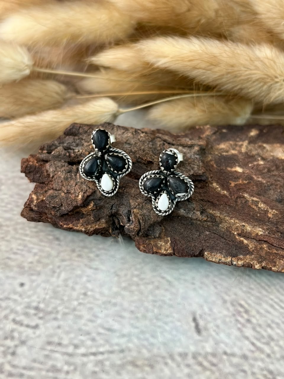 Handmade Sterling Silver White Buffalo Post Studs Earrings Signed Nizhoni