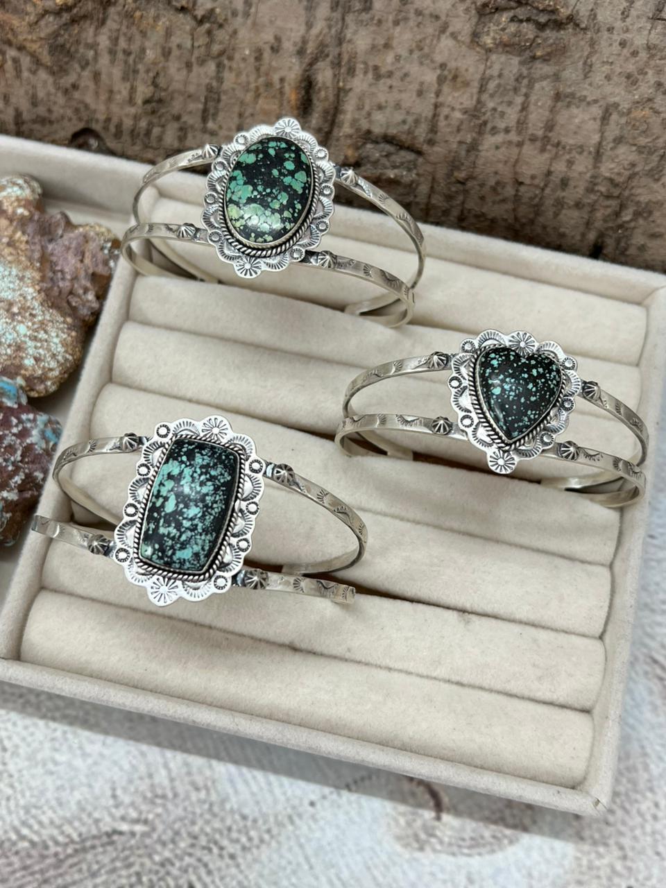 Handmade Sterling Silver Lander Turquoise Cuff Bracelet with Signed Nizhoni