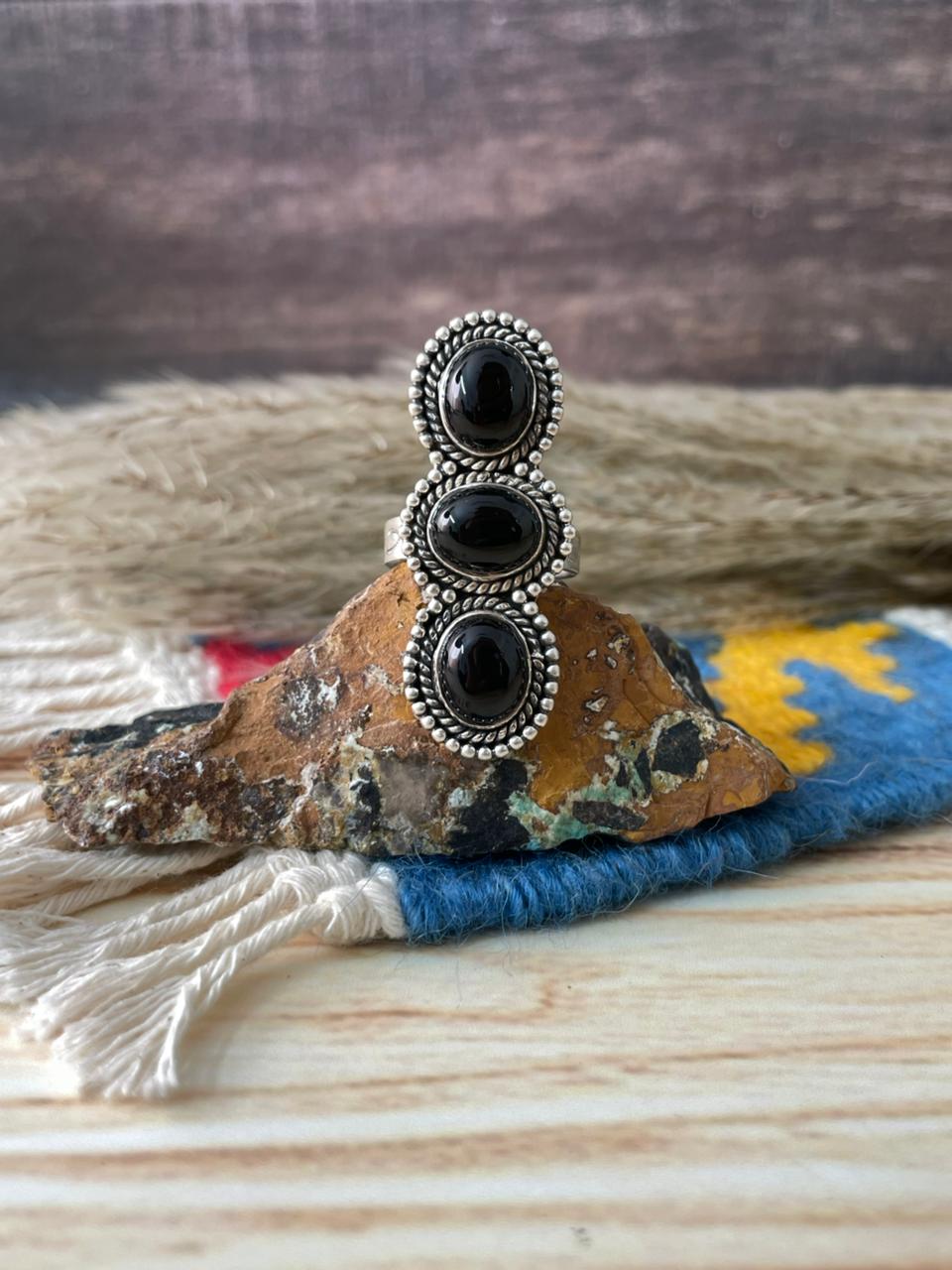 Handmade Sterling Silver Black Onyx Adjustable Ring "Signed Nizhoni"