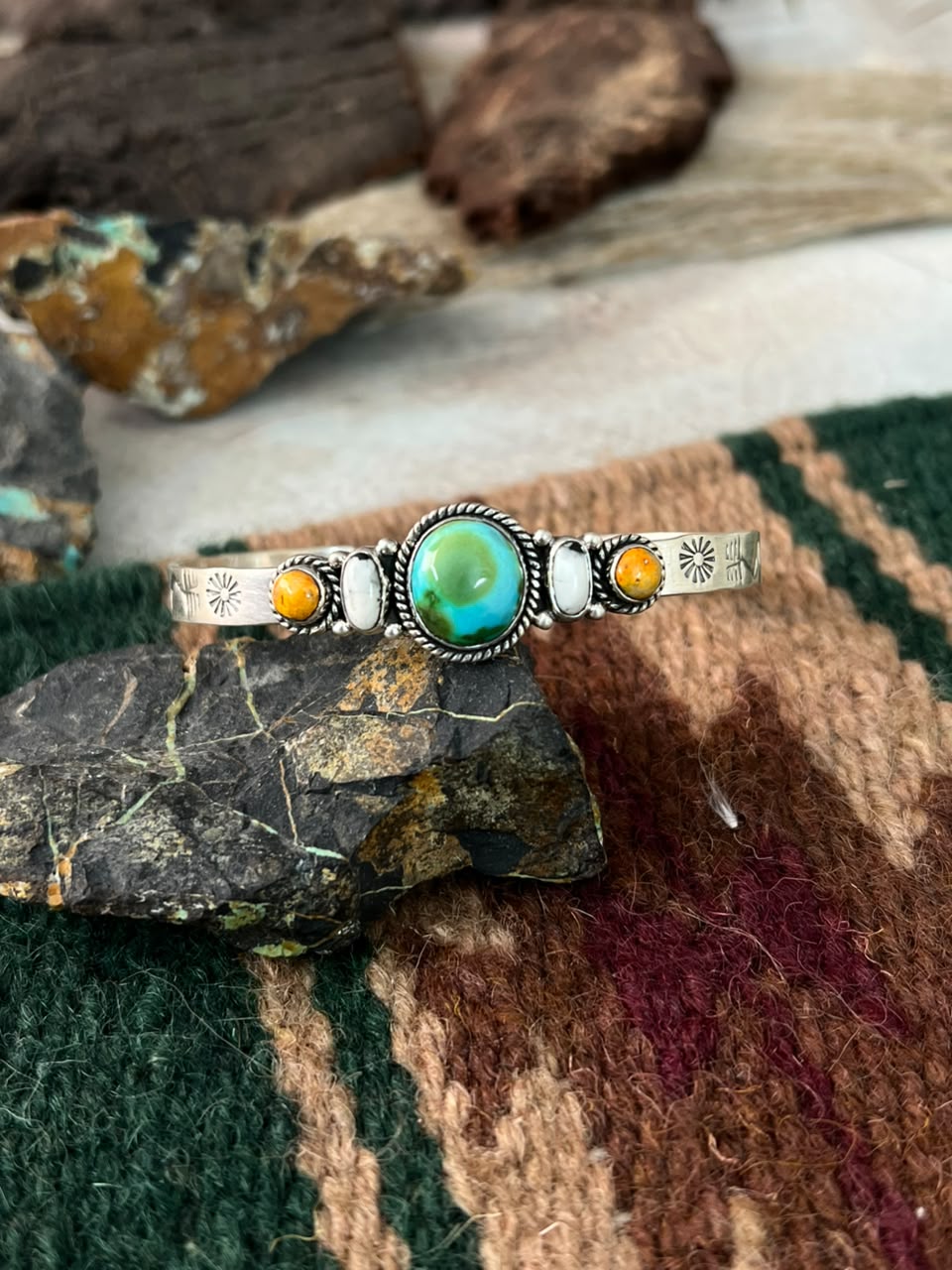 Handmade Sterling Silver Sonoran Mountain Turquoise with Bumblebee and White Buffalo Spring Collection: Cuff Bracelet Signed Nizhoni