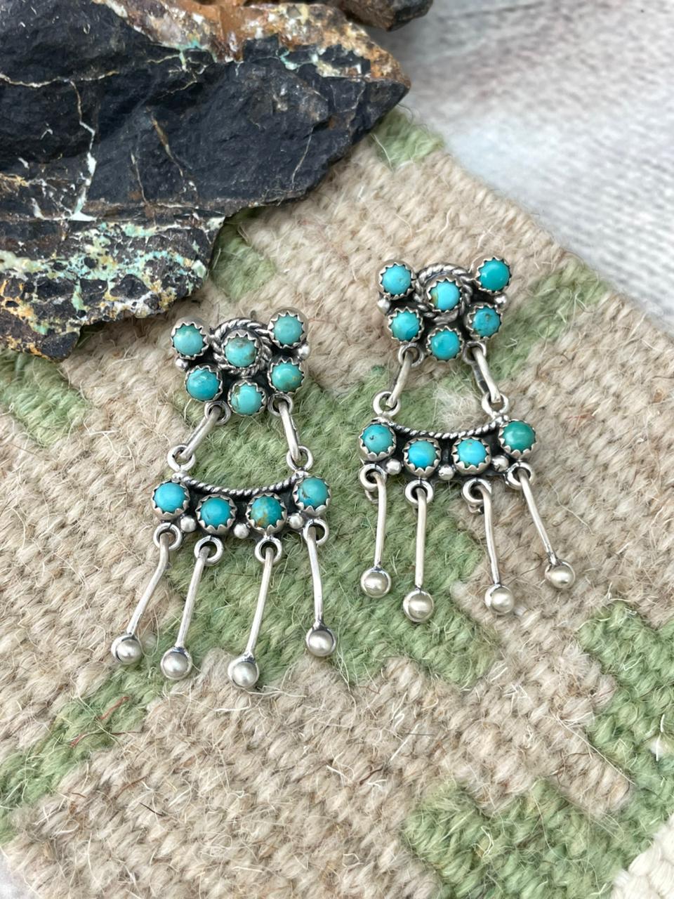 Handmade Sterling Silver Kingman Turquoise Post Dangle Earrings "Signed Nizhoni"
