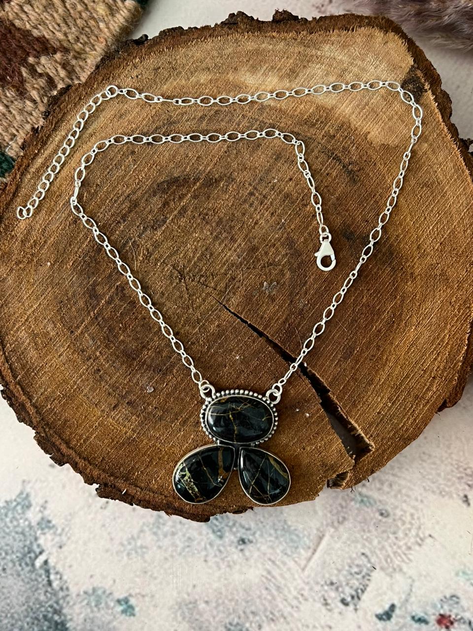 Handmade Sterling Silver Blackjack Turquoise Necklace Signed Nizhoni (1)
