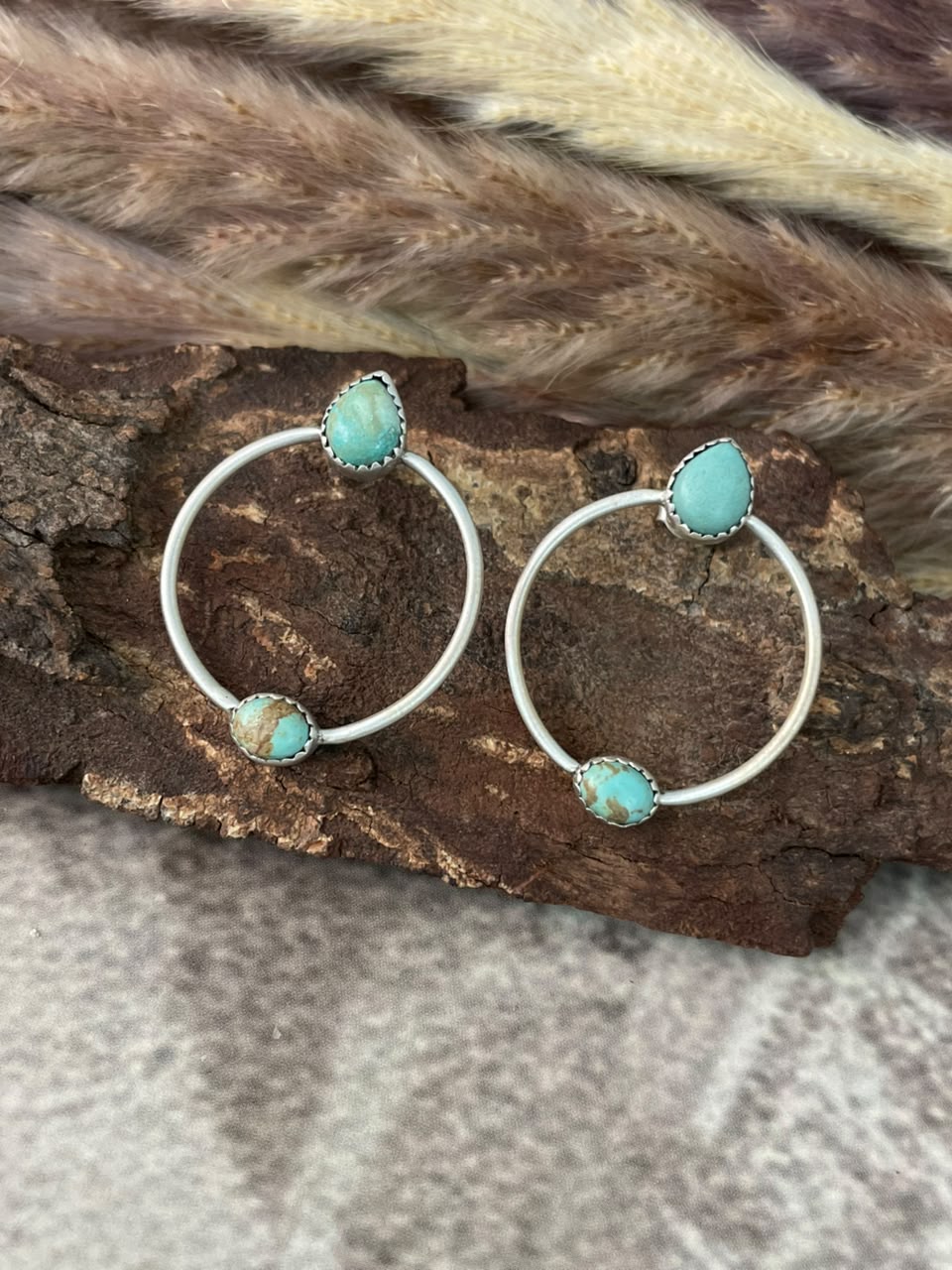 Handmade Sterling Silver Number 8 Turquoise Collection: Post Hoops Earrings Signed Nizhoni