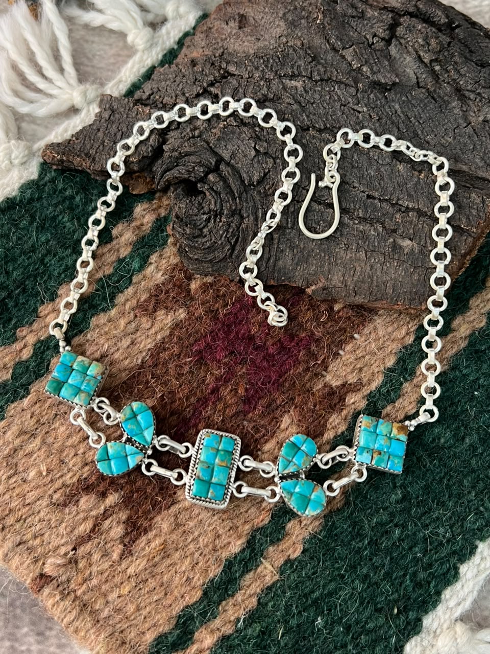 Handmade Sterling Silver Kingman Turquoise Cobble Stone Choker Necklace Signed Nizhoni