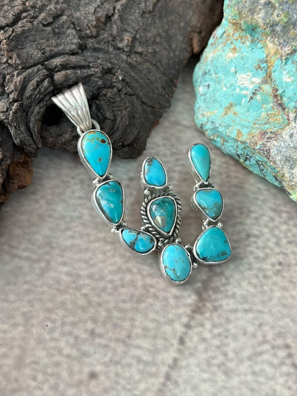 Handmade Sterling Silver Campitos Turquoise Collection: Cactus Pendant Signed Nizhoni