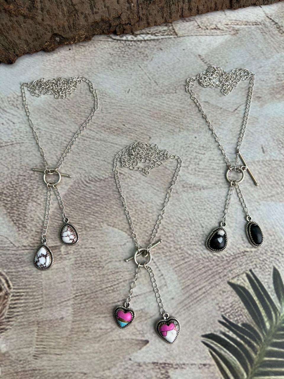 Handmade Sterling Silver Multi Stone Lariat Necklace "Signed Nizhoni"