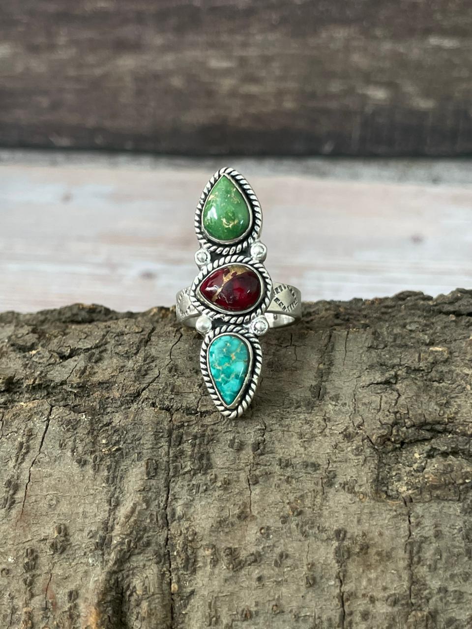 Handmade Sterling Silver Dahlia Rose With Emerald Valley Turquoise Ring "Signed Nizhoni"