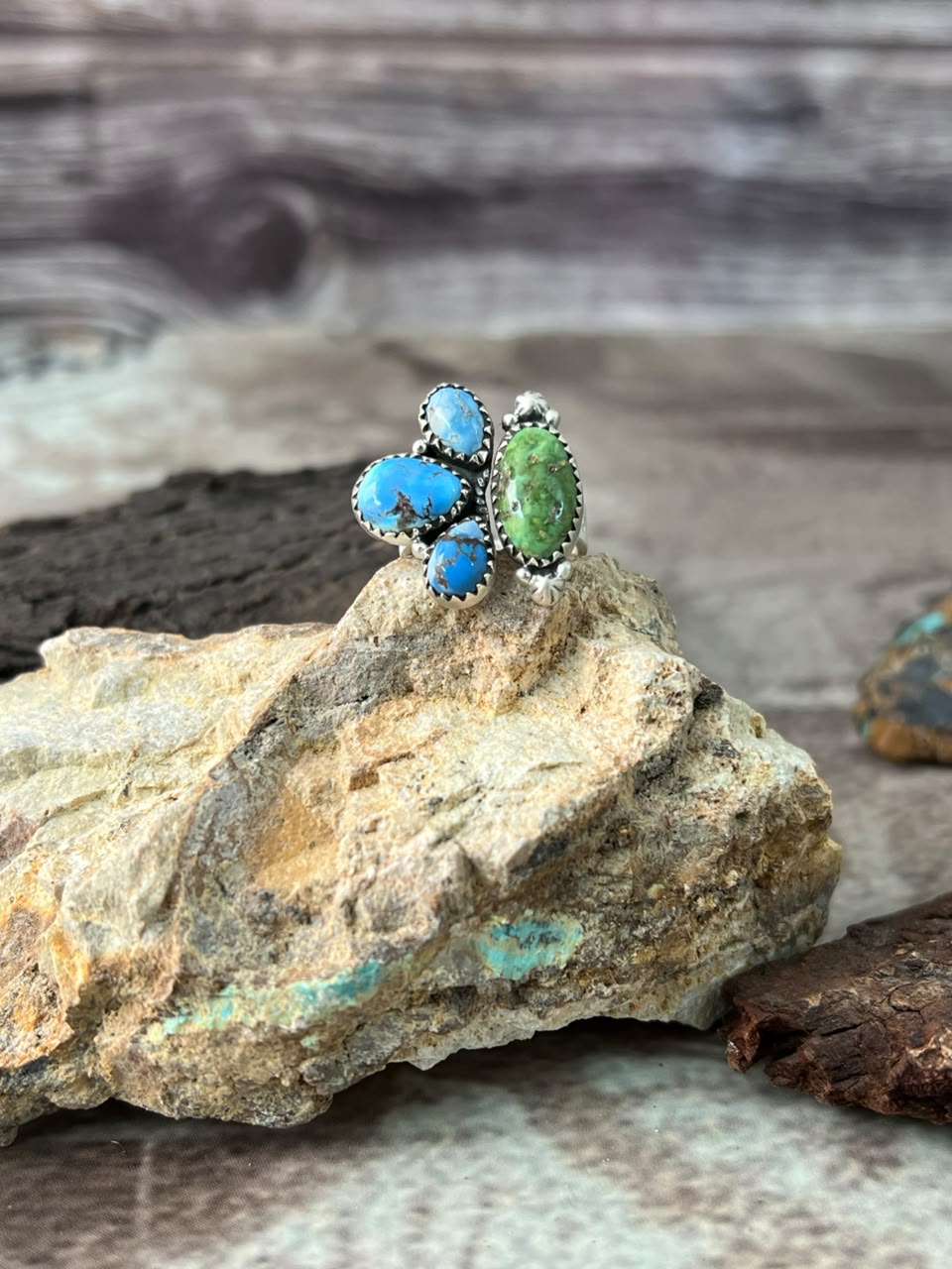 Handmade Sterling Silver Sonoran Mountain with Golden Hills Turquoise Adjustable Ring Signed Nizhoni