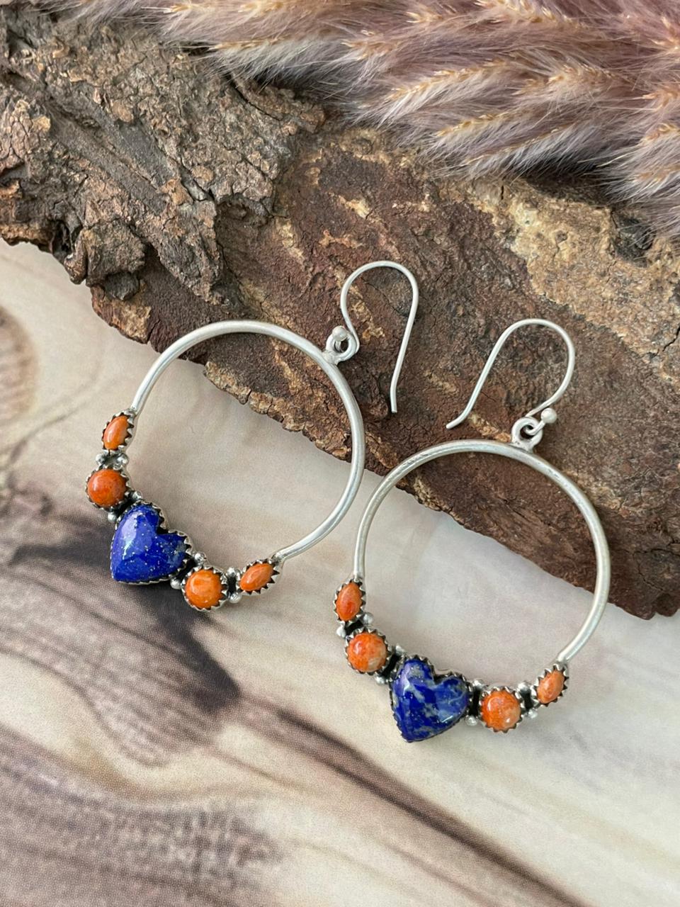 Handmade Sterling Silver Lapis with Orange Mojave Hook Hoops Dangle Earrings Signed Nizhoni