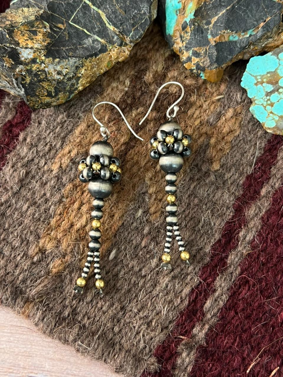 Handmade Sterling Silver with Golden Beads Hook Earrings