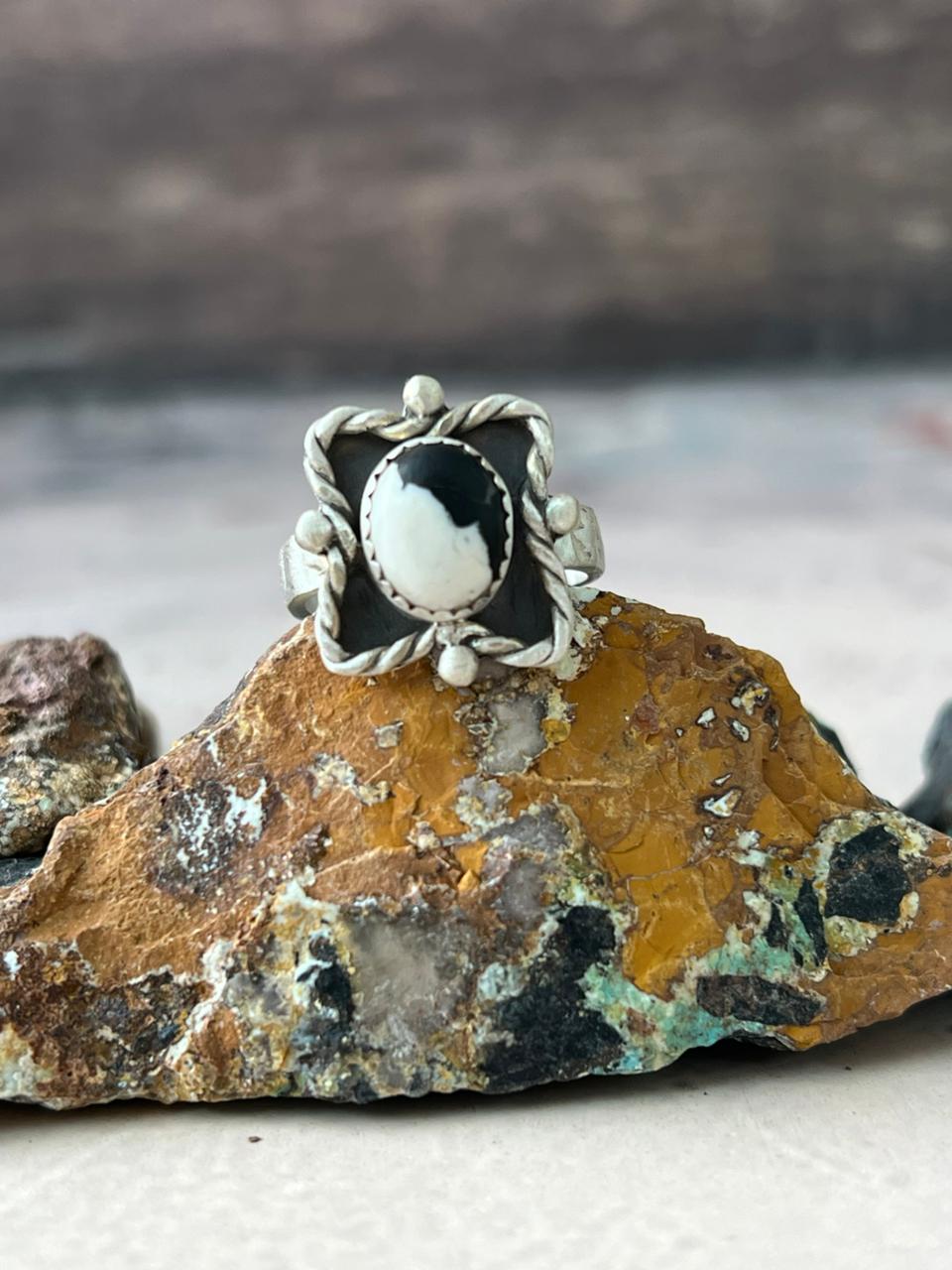 Handmade Sterling Silver White Buffalo Turquoise Adjustable Ring "Signed Nizhoni"