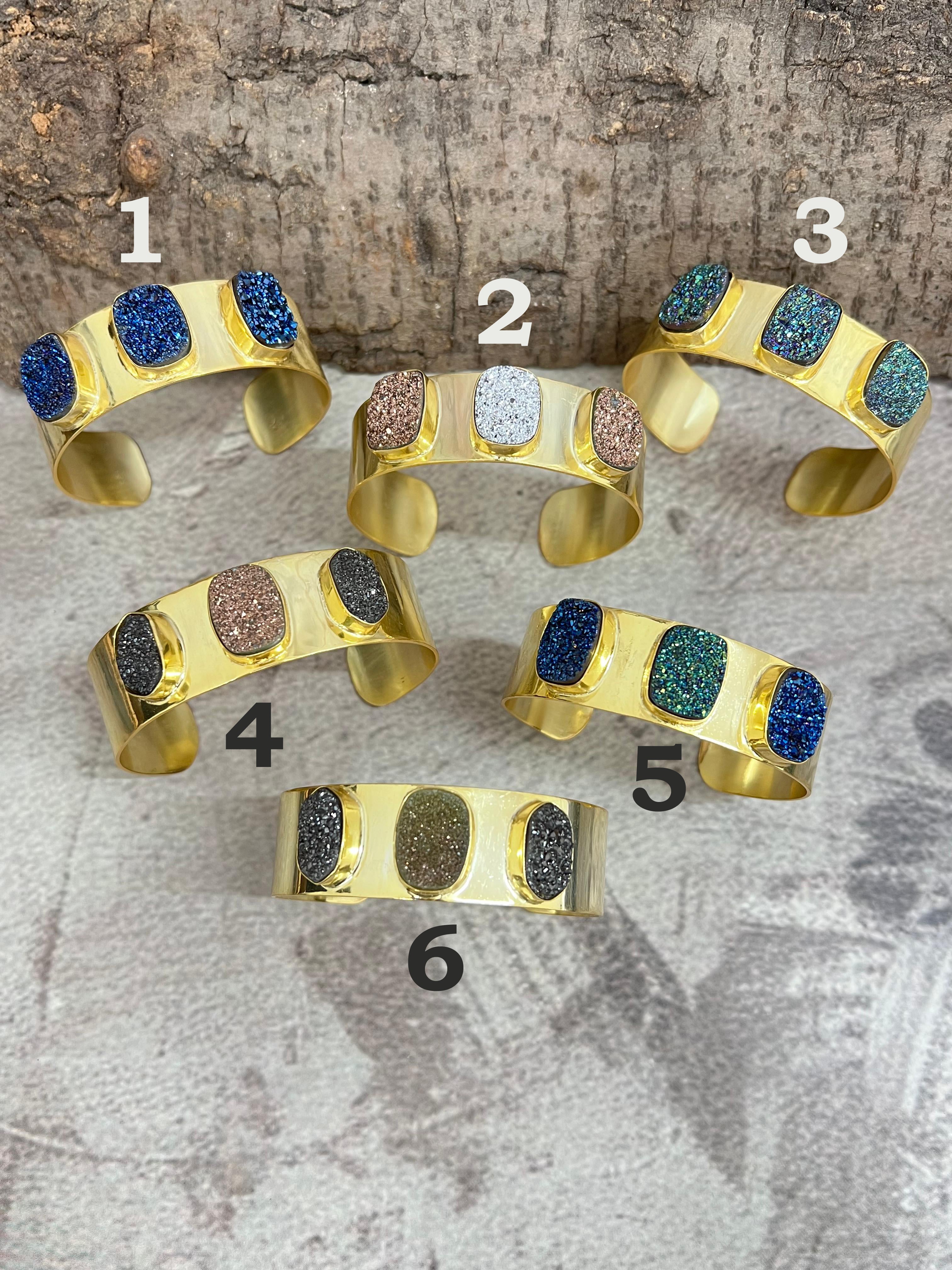“The Boho Collection” Handmade Natural Gold Plated 3 Stone Druzy Wide Cuff Bracelet