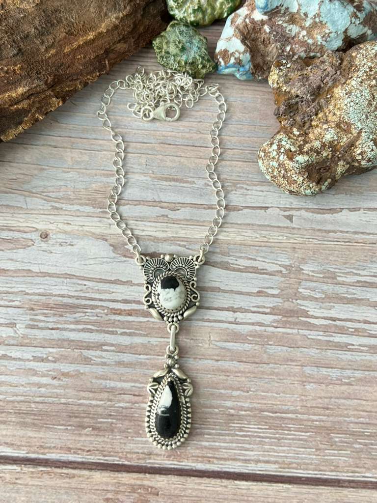 Handmade Sterling Silver White Buffalo Necklace with Signed Nizhoni