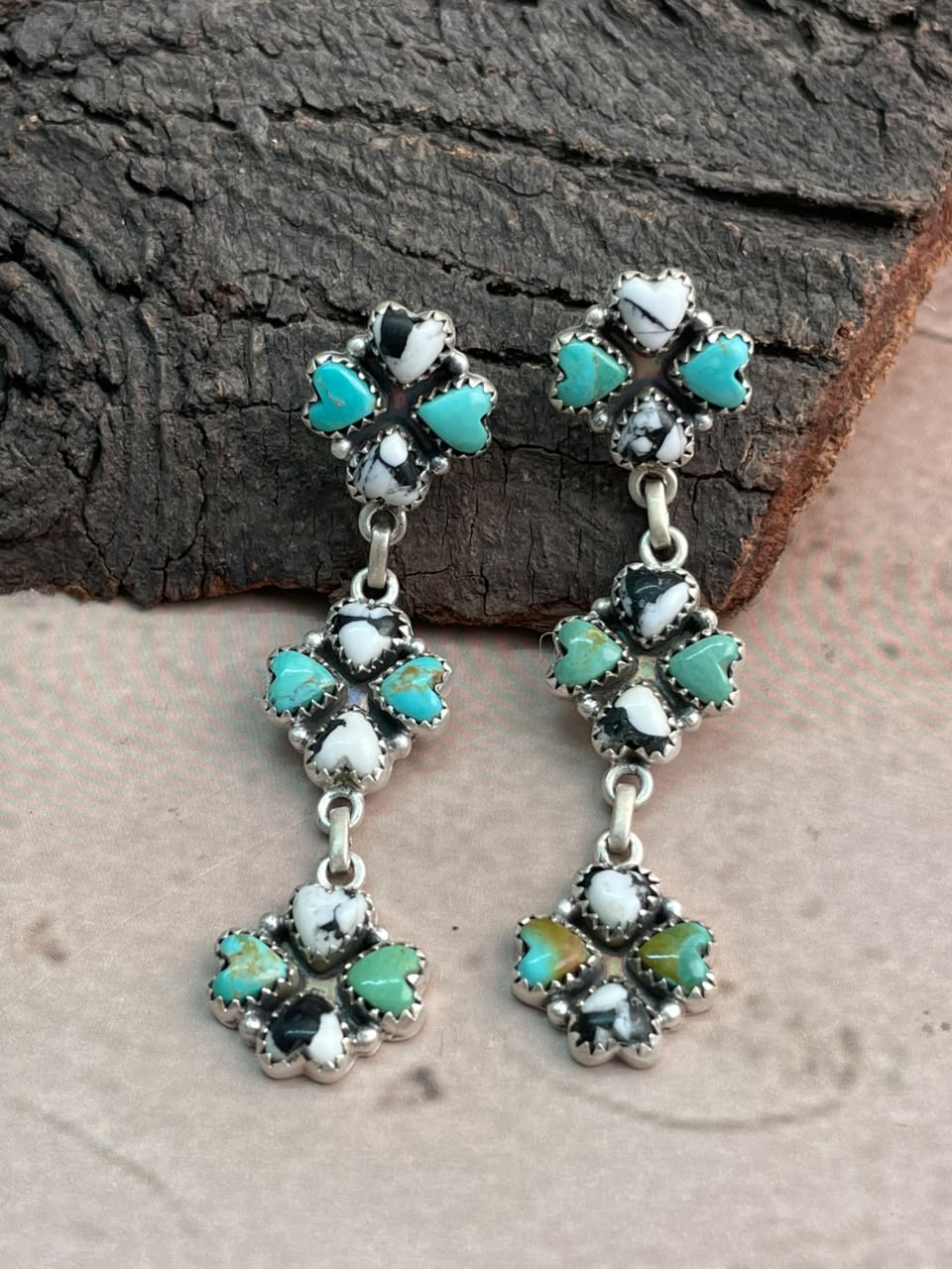 Handmade Sterling Silver White Buffalo with Kingman Turquoise Post Dangle Earrings Signed Nizhoni
