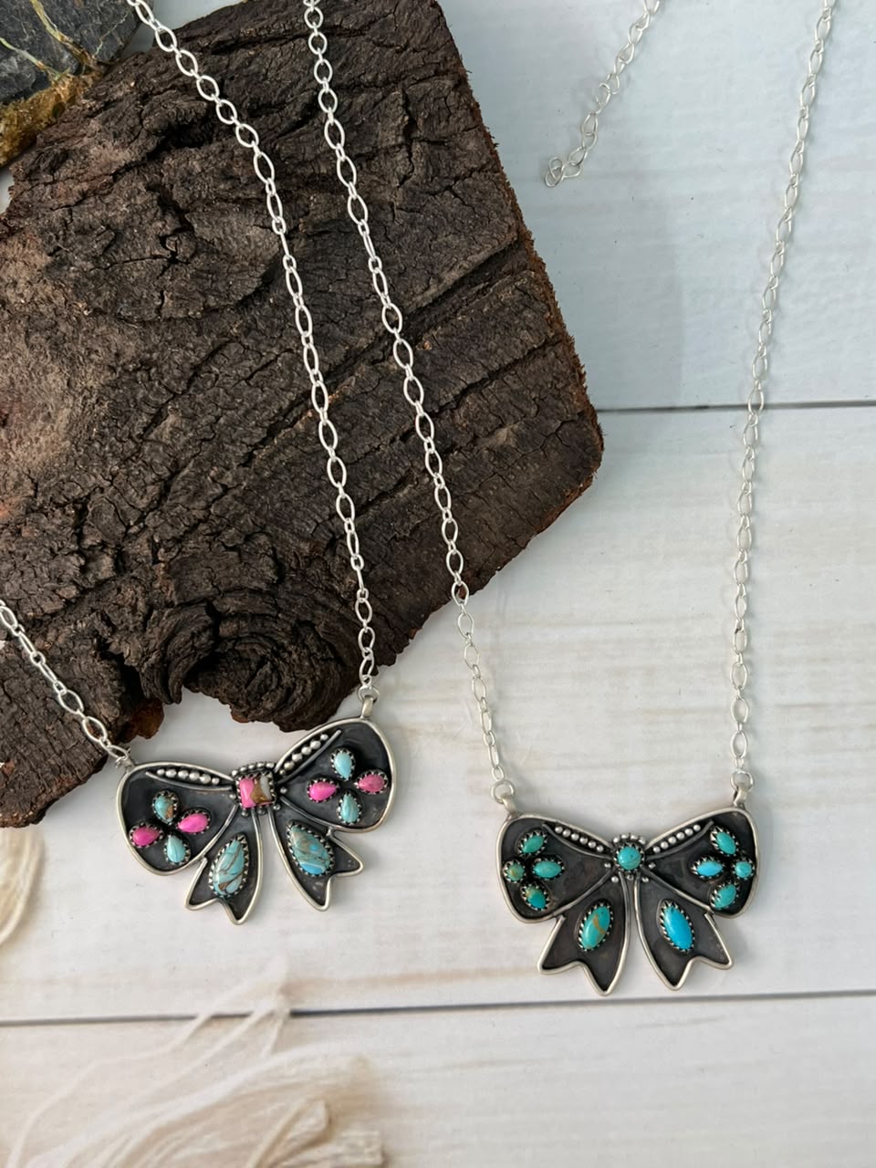 Handmade Sterling Silver Kingman Turquoise and Cotton Candy Bow Necklace Signed Nizhoni