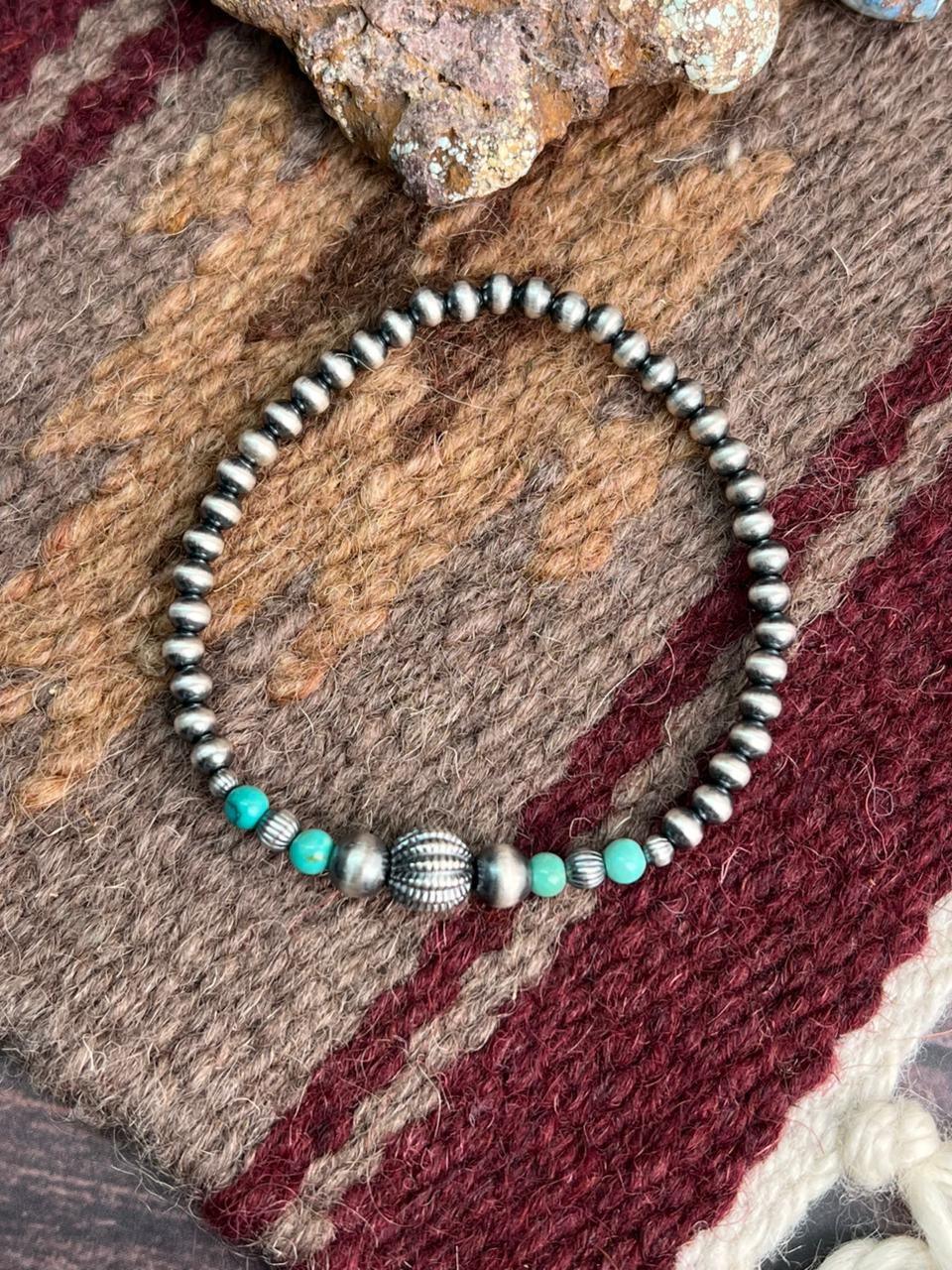 Handmade Sterling Silver Beaded Kingman Turquoise Bracelet