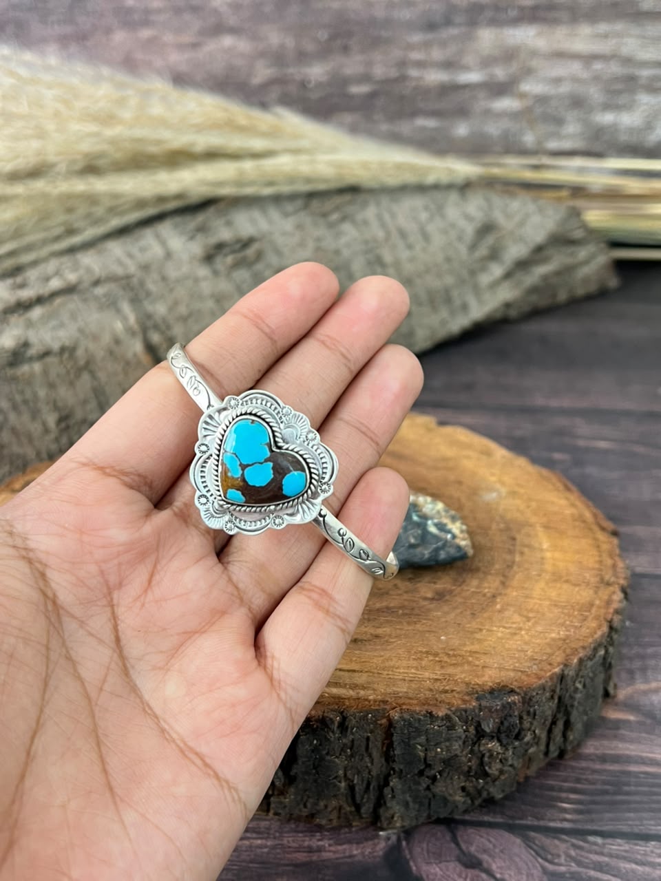 Handmade Sterling Silver Egyptian Turquoise Collection: Heart Cuff Bracelet Signed Nizhoni