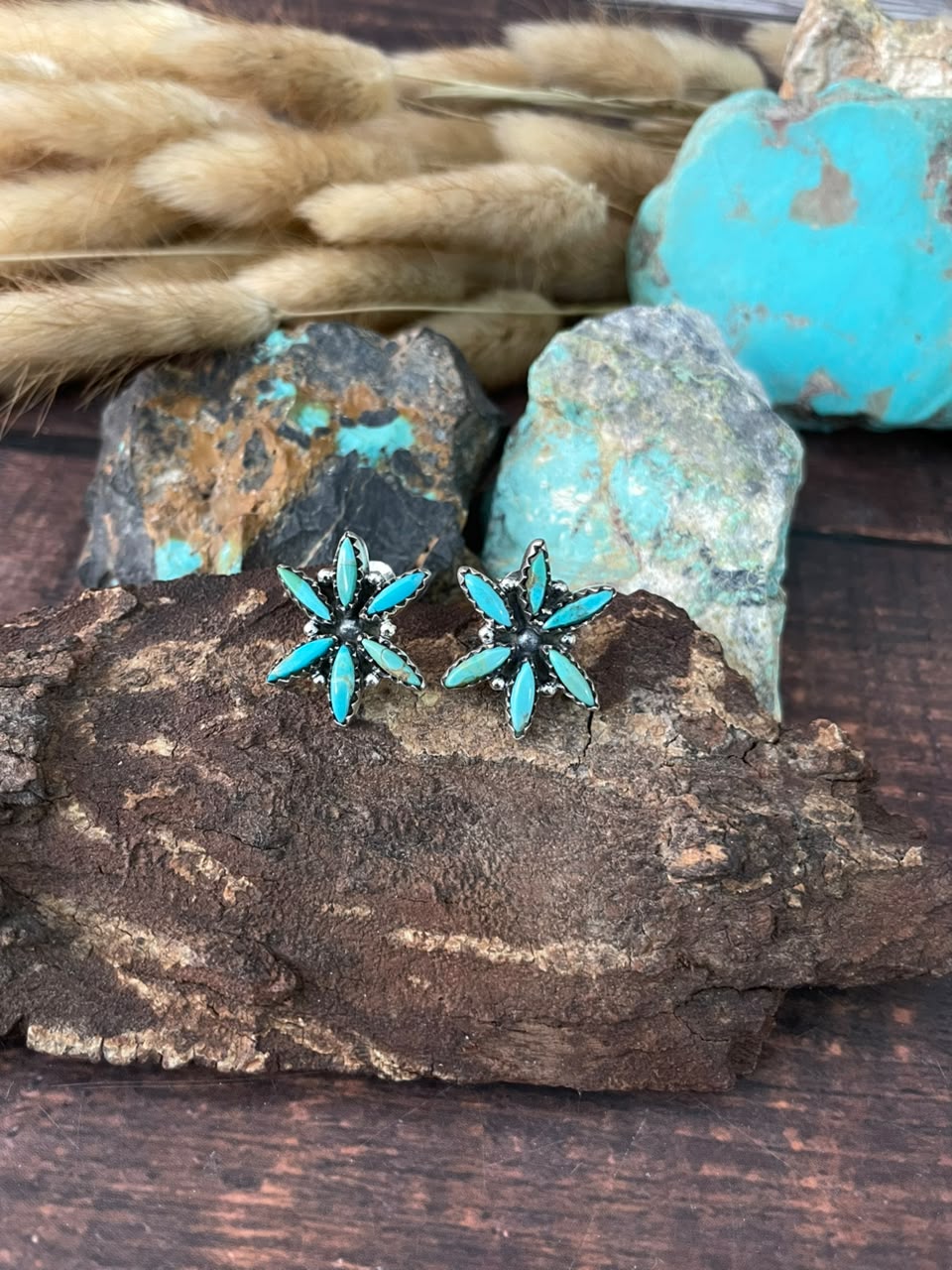 Handmade Sterling Silver Kingman Turquoise Post Studs Earrings Signed Nizhoni