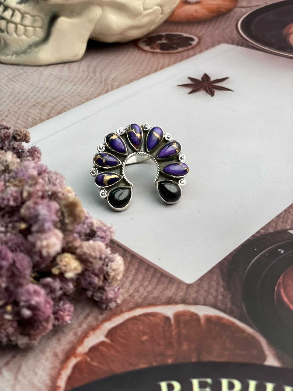 Handmade Sterling Silver Grape Dahlia with Black Onyx Naja Halloween Collection: Adjustable Ring Signed Nizhoni