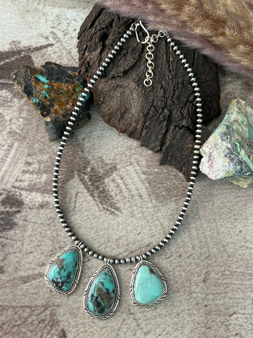 Handmade Sterling Silver Campitos Turquoise Collection: Beaded Necklace Signed Nizhoni
