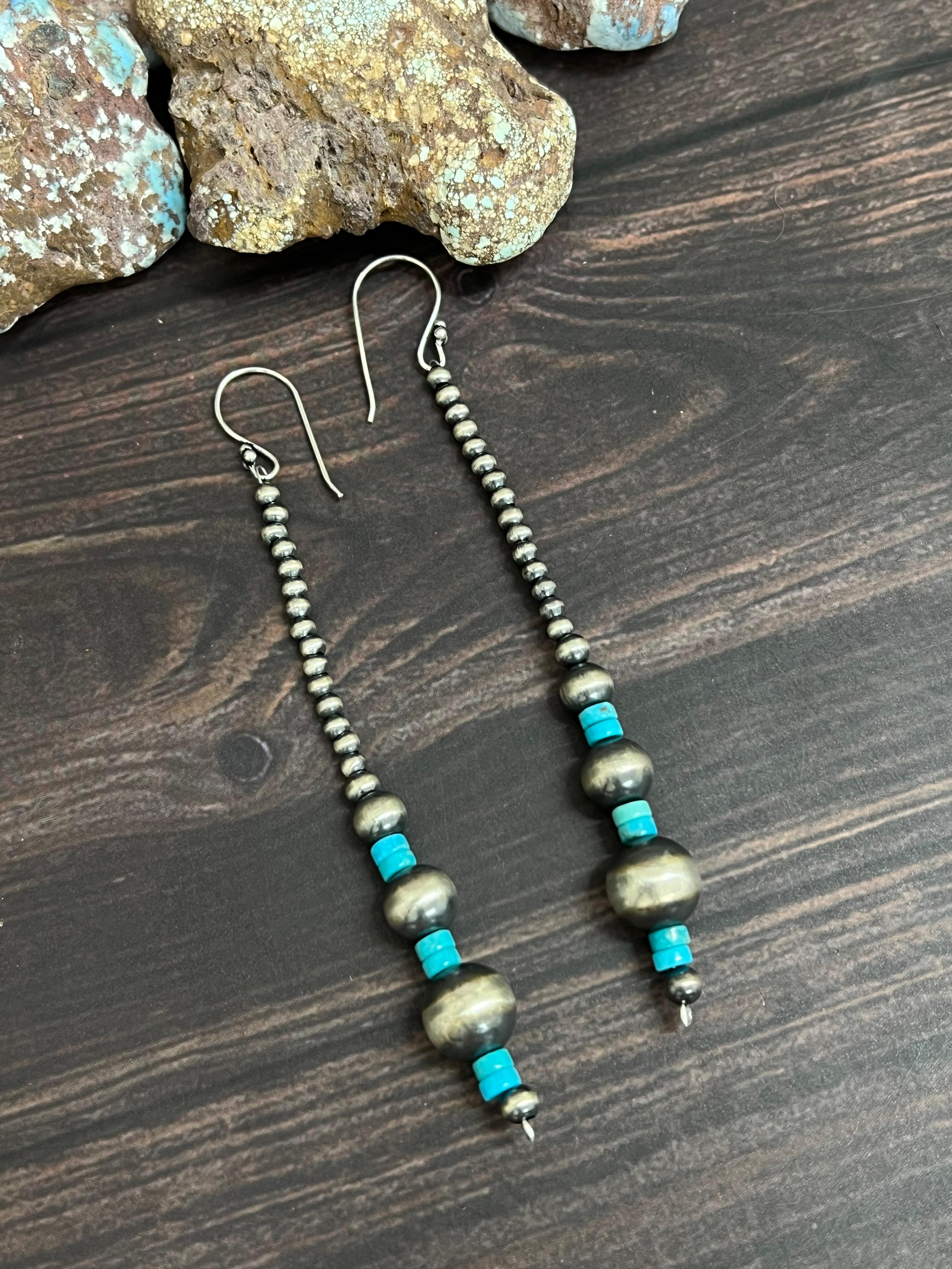 Handmade Sterling Silver Kingman Turquoise Beaded Hook Earrings with Signed Nizhoni